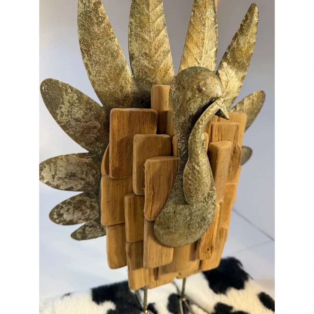 Rustic Wood and Metal Turkey Figurine Thanksgiving Harvest Decor 15 Inch